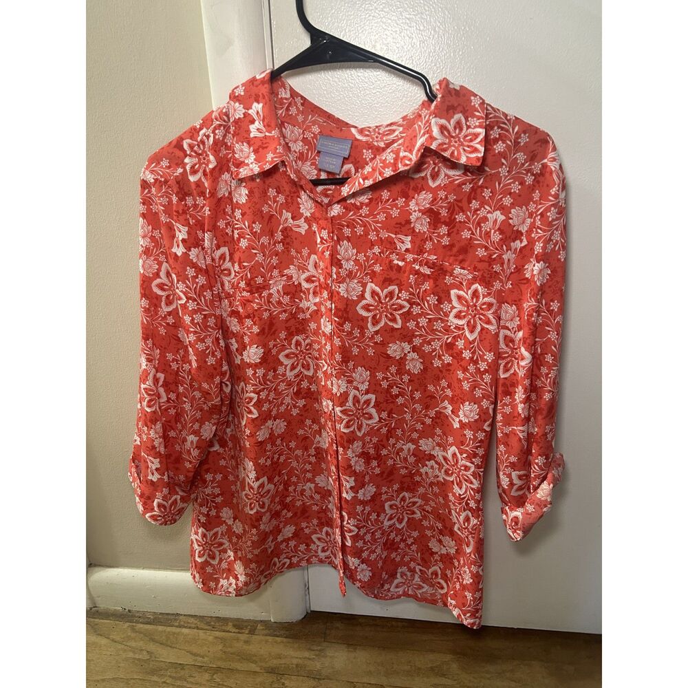 Laura Scott Petite Red Floral Paisley Button Front Blouse XLP Roll Tab Sleeve